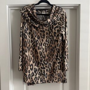 Chico's Leopard Cowl Neck Sweater Tunic in Tan and Black